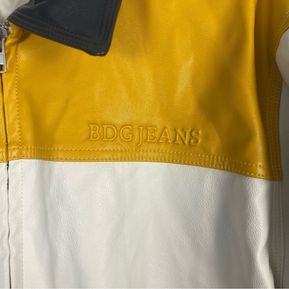 Bdg Faux leather White and yellow oversize bomber jacket size large - Picture 3 of 5